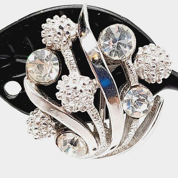 Vintage Crown Trifari Rhinestone Clip Earrings,Rhodium Plate Mid Century Jewelry - Picture 5 of 14